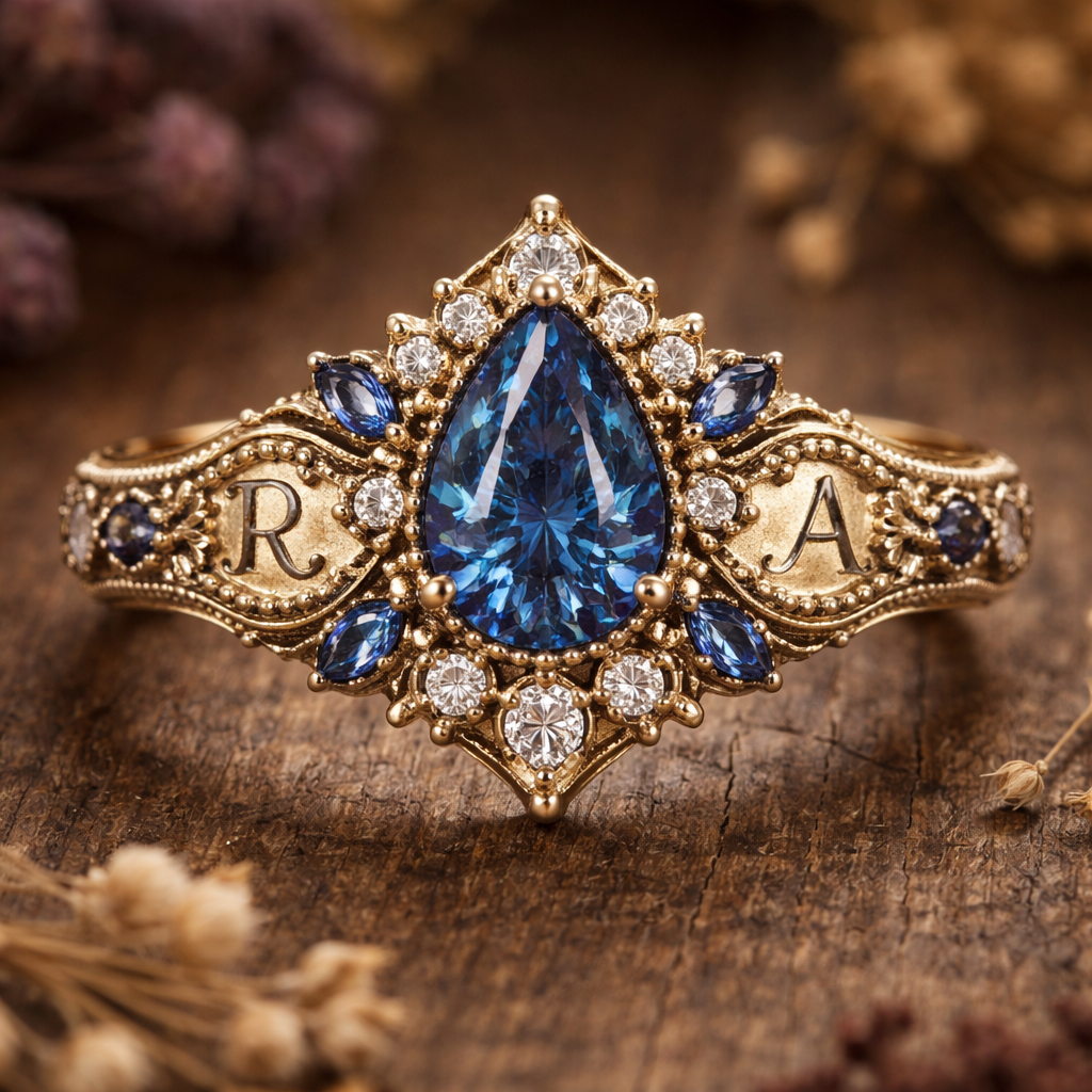 A bohemian women's ring made of gold with sapphire stones suitable for engagement. R and A graved in it
A bohemian women's ring made of gold with sapphire stones suitable for engagement. R and A graved in it, bohemian style