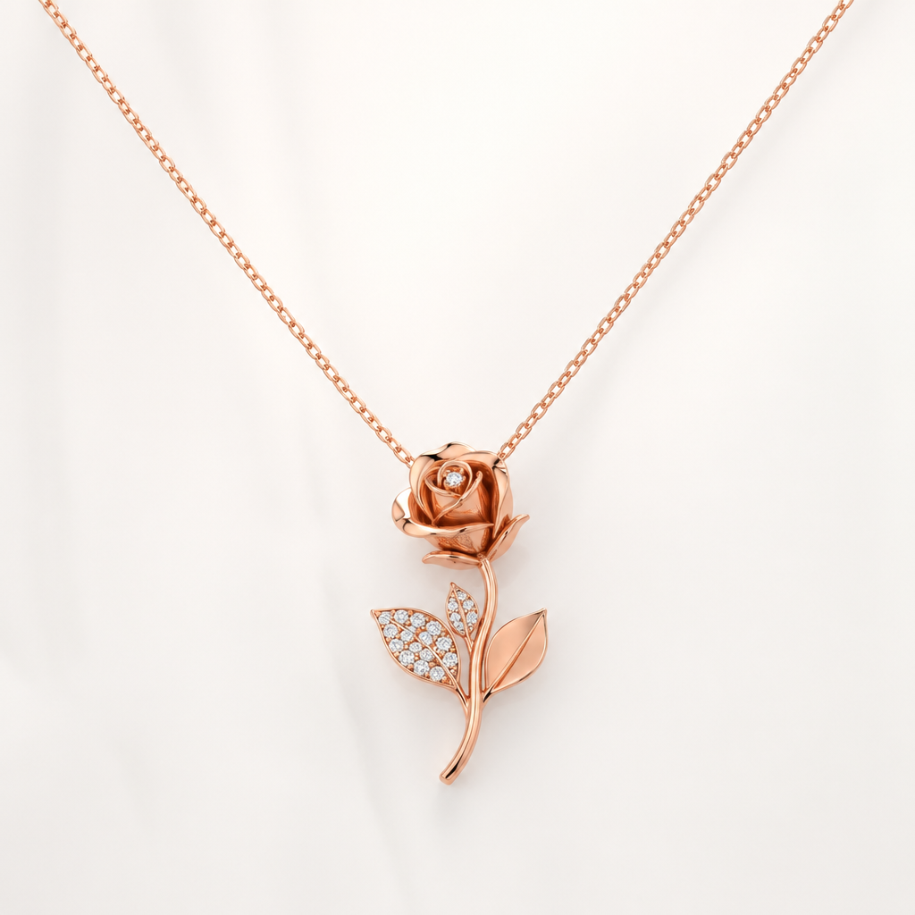 A women's necklace. Rose con foglie
photorealistic jewelry design, A women's necklace. Rose con foglie, modern style, just the design no text