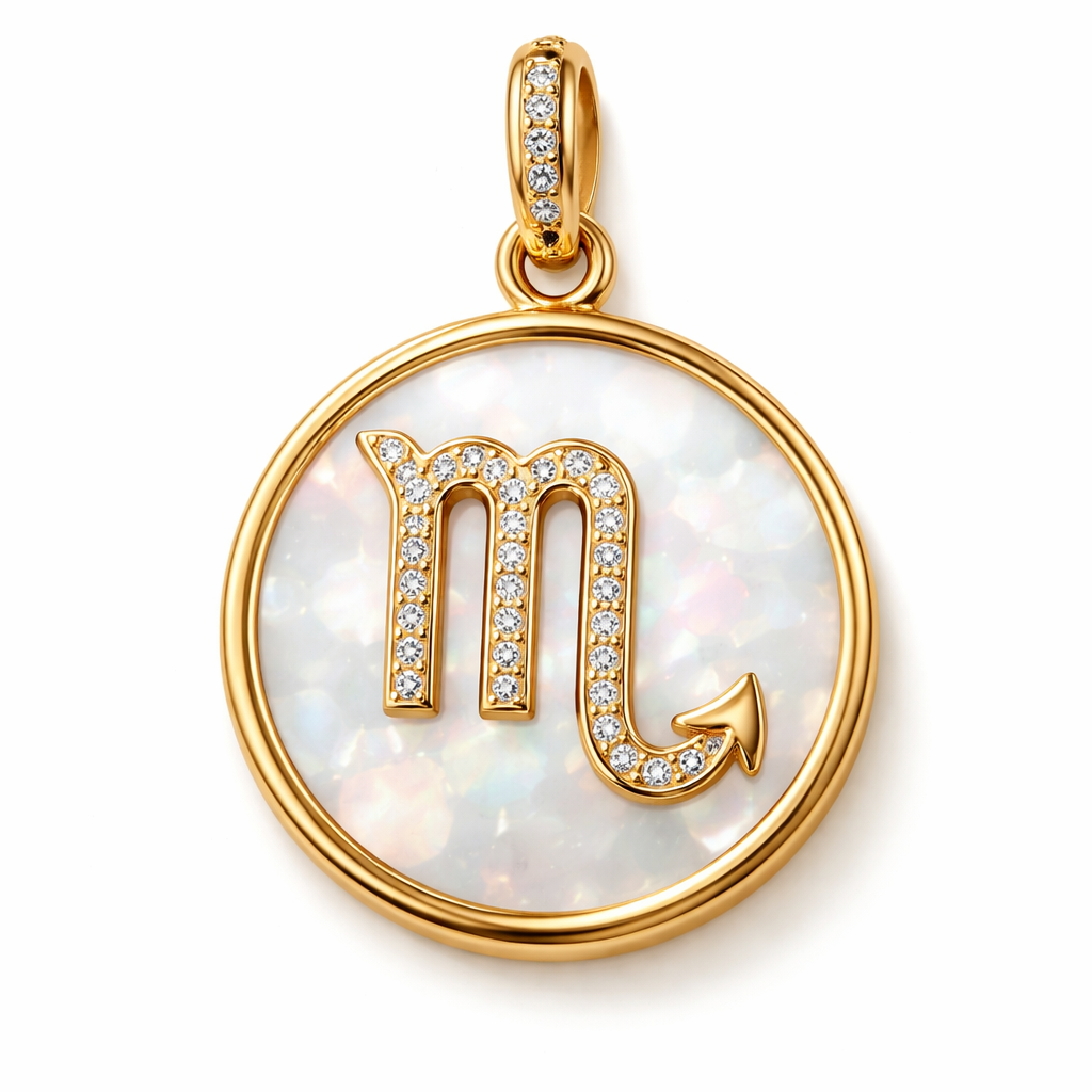 Round charm 15 mm in mother of pearl with gold around the rim , and on top a zodiac Scorpio