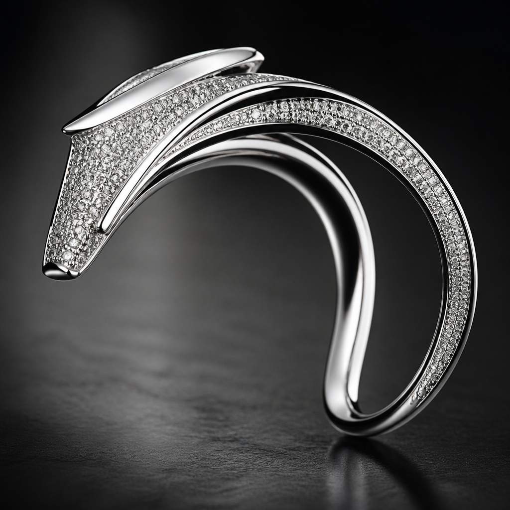 Luxury fine jewelry piece inspired by equestrian aesthetics, sophisticated and understated. An elegant sculptural design subtly inspired by the silhouette and movement of a horse’s head and flowing mane, with refined curved lines and impeccable proportions. Crafted in polished 18k white gold, featuring carefully set high-quality natural diamonds, pavé and discreet accent stones. The equestrian inspiration must be subtle and abstract, never cartoonish or literal. Minimalist, timeless, aristocratic and masculine, with exceptional craftsmanship and high-end jewelry finishing. Photorealistic studio render, macro photography, ultra-detailed metal texture, realistic diamond reflections and refractions, clean luxurious composition, soft dramatic lighting, dark neutral background, premium haute joaillerie campaign aesthetic, no model, no text, no logo, no excessive ornamentatio
photorealistic jewelry design, Luxury fine jewelry piece inspired by equestrian aesthetics, sophisticated and understated. An elegant sculptural design subtly inspired by the silhouette and movement of a horse’s head and flowing mane, with refined curved lines and impeccable proportions. Crafted in polished 18k white gold, featuring carefully set high-quality natural diamonds, pavé and discreet accent stones. The equestrian inspiration must be subtle and abstract, never cartoonish or literal. Minimalist, timeless, aristocratic and masculine, with exceptional craftsmanship and high-end jewelry finishing. Photorealistic studio render, macro photography, ultra-detailed metal texture, realistic diamond reflections and refractions, clean luxurious composition, soft dramatic lighting, dark neutral background, premium haute joaillerie campaign aesthetic, no model, no text, no logo, no excessive ornamentatio, just the design no text