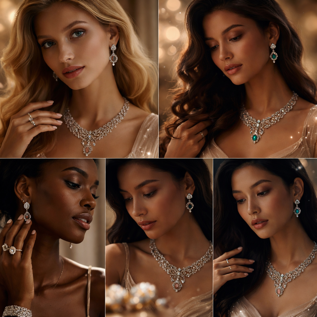 5 Ai model wearing jewelry : r/StableDiffusion Create high-quality, engaging jewelry videos with models using detailed, descriptive AI prompts focusing on, lighting, movement, and mood. Utilize keywords like "cinematic," "slow-motion," "macro close-ups," and "4K clarity". Key elements include natural, soft-focus lighting, luxurious settings, and detailed, close-up shots of the jewelry in motion.