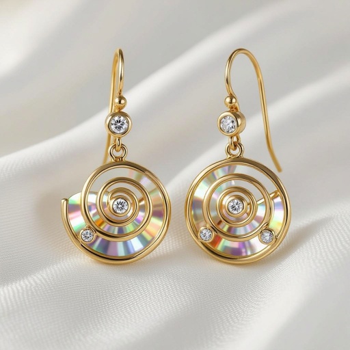 Золотые серьги в виде золотой спиральной ракушки украшенной тремя маленькими камнями 