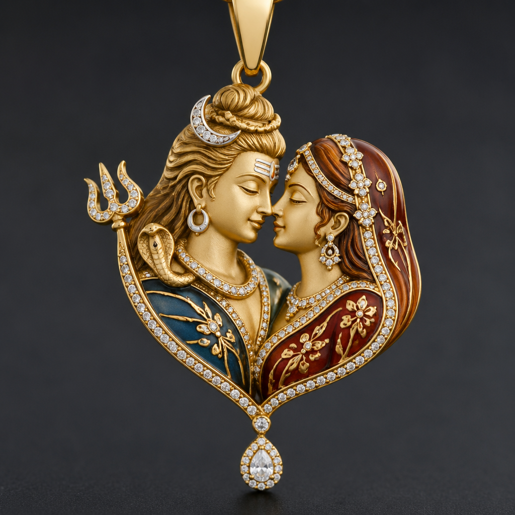 A women's pendant made of gold with diamond stones. shiv parwati diamond pendant with meenakari
photorealistic jewelry design, A women's pendant made of gold with diamond stones. shiv parwati diamond pendant with meenakari, modern style, just the design no text