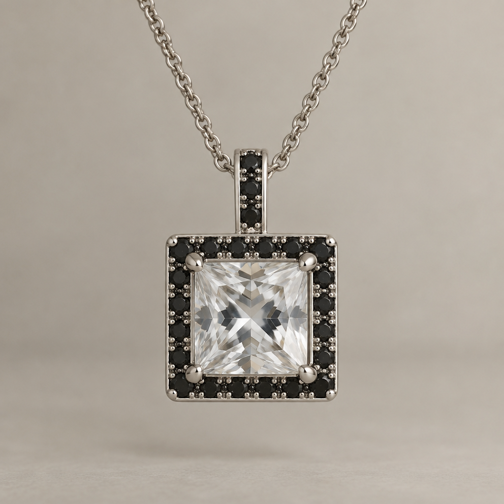 A women's pendant. square pendant with a cntre lab diamond and smalls black diamonds around the edges
photorealistic jewelry design, A women's pendant. square pendant with a cntre lab diamond and smalls black diamonds around the edges, modern style, just the design no text