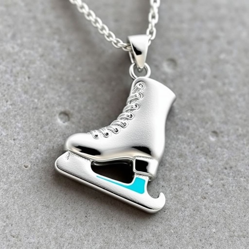 Silver Pendant shape one ice skate with turquoise stripe inside the low thin part blade