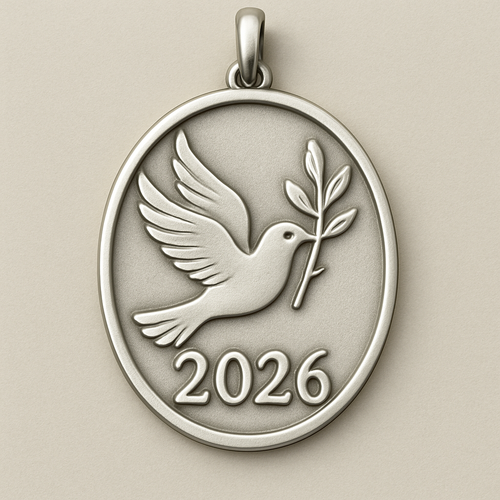 Slim Silver cut-out charm blending together only the two spread out wings of a bird, an olive branch and  along year 2026