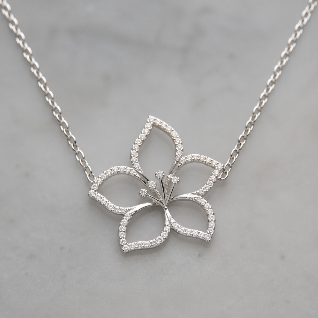A women's necklace made of silver. hibicus ligne fine, (diamand poutours des petales vide, toutes les petales) et delicat ,3 tres petit diamand dans le milieu au bout de la tige interieur de la fleur vide, plus detail, 5 petales chaine de chaque coté, tige qui ne depasse la fleur,
photorealistic jewelry design, A women's necklace made of silver. hibicus ligne fine, (diamand poutours des petales vide, toutes les petales) et delicat ,3 tres petit diamand dans le milieu au bout de la tige interieur de la fleur vide, plus detail, 5 petales chaine de chaque coté, tige qui ne depasse la fleur,, modern style, just the design no text