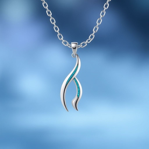 Silver pendant in the shape of ice skating blades with a turquoise stripe within the blade