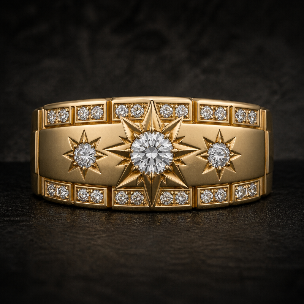 Design a extremely masculine uniform three suns sunburst points wedding band in 14 karat gold
Center stone 0.50 carat diamond
Two side stones 0.25 carat diamonds
12 0.1 carat diamonds
12 0.05 carat diamonds
Keep the design uniform add structure to the smaller diamonds placement’s
photorealistic jewelry design, Design a extremely masculine uniform three suns sunburst points wedding band in 14 karat gold
Center stone 0.50 carat diamond
Two side stones 0.25 carat diamonds
12 0.1 carat diamonds
12 0.05 carat diamonds
Keep the design uniform add structure to the smaller diamonds placement’s , ethnic style, just the design no text