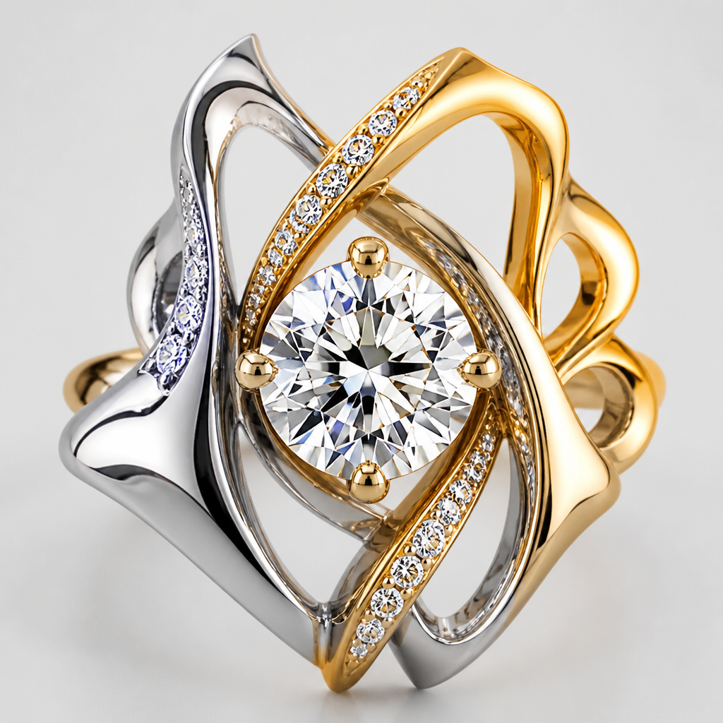 A avant-garde women's ring made of mixed metal with diamond stones suitable for festival. An extraordinary excellent beautiful delicate and elegant solitaire women ring. Face of the ring.
photorealistic jewelry design, A avant-garde women's ring made of mixed metal with diamond stones suitable for festival. An extraordinary excellent beautiful delicate and elegant solitaire women ring. Face of the ring., avant_garde style, just the design no text