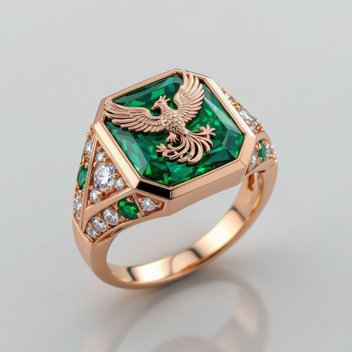 Geomatric rose gold and A platinum signet ring with phoenix printed on it for women Design a luxurious platinum signet ring that embodies the elegance of Art Deco style, featuring a striking phoenix rendered in intricate geometric patterns. Emphasize bold lines and symmetry, with contrasting finishes for depth. Adorn the ring with brilliant-cut diamonds and emeralds, capturing the spirit of rebirth and timeless sophistication.