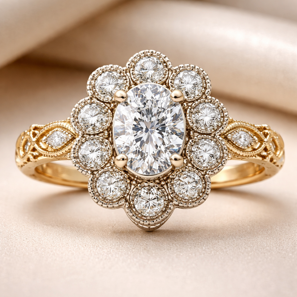 Create a flower style ring with a three-quarter carat oval center, stone and diamonds surrounding in a halo of individual diamonds, set the diamonds in platinum with a gold 14 karat yellow gold band