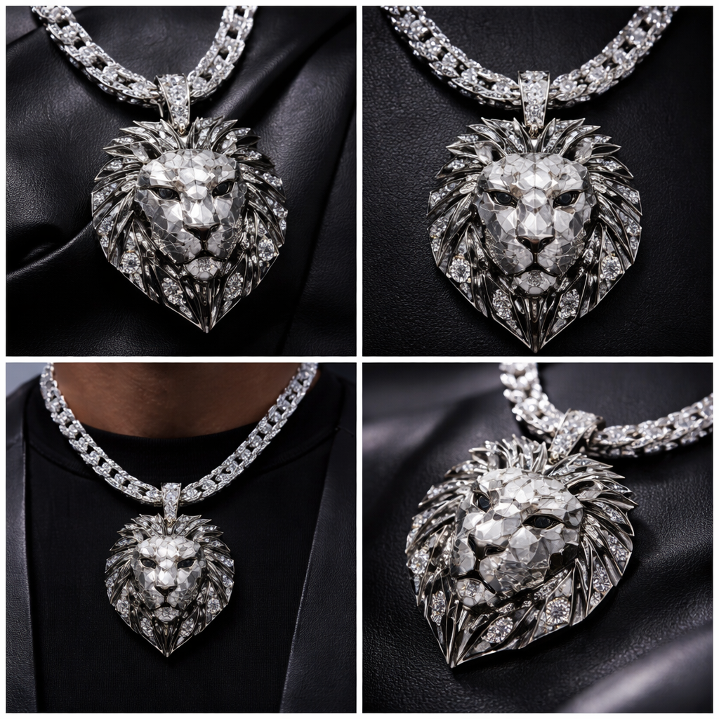 LionGeometric necklas for men of different angles and shapes and lines of white and black diamonds of lion