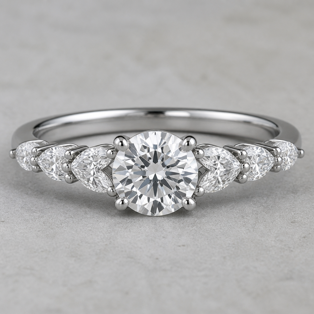 A women's ring. create ring using center round shape diamond 2ct ( 8.08mm) marquise on the side 3 pieces on each side ( 5.54 x 2.80 mm ) side stone should be running down in straight line
photorealistic jewelry design, A women's ring. create ring using center round shape diamond 2ct ( 8.08mm) marquise on the side 3 pieces on each side ( 5.54 x 2.80 mm ) side stone should be running down in straight line, modern style, just the design no text