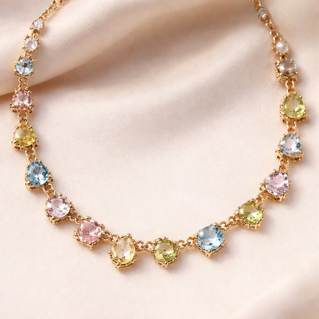 18 inch Gemstone necklace with gold chain that connects the stones. Colorful gemstones that are light blue, pink, yellow, clear, and green. May the gemstones be 6 mm and different shapes
18 inch Gemstone necklace with gold chain that connects the stones. Colorful gemstones that are light blue, pink, yellow, clear, and green. May the gemstones be 6 mm and different shapes , georgian style