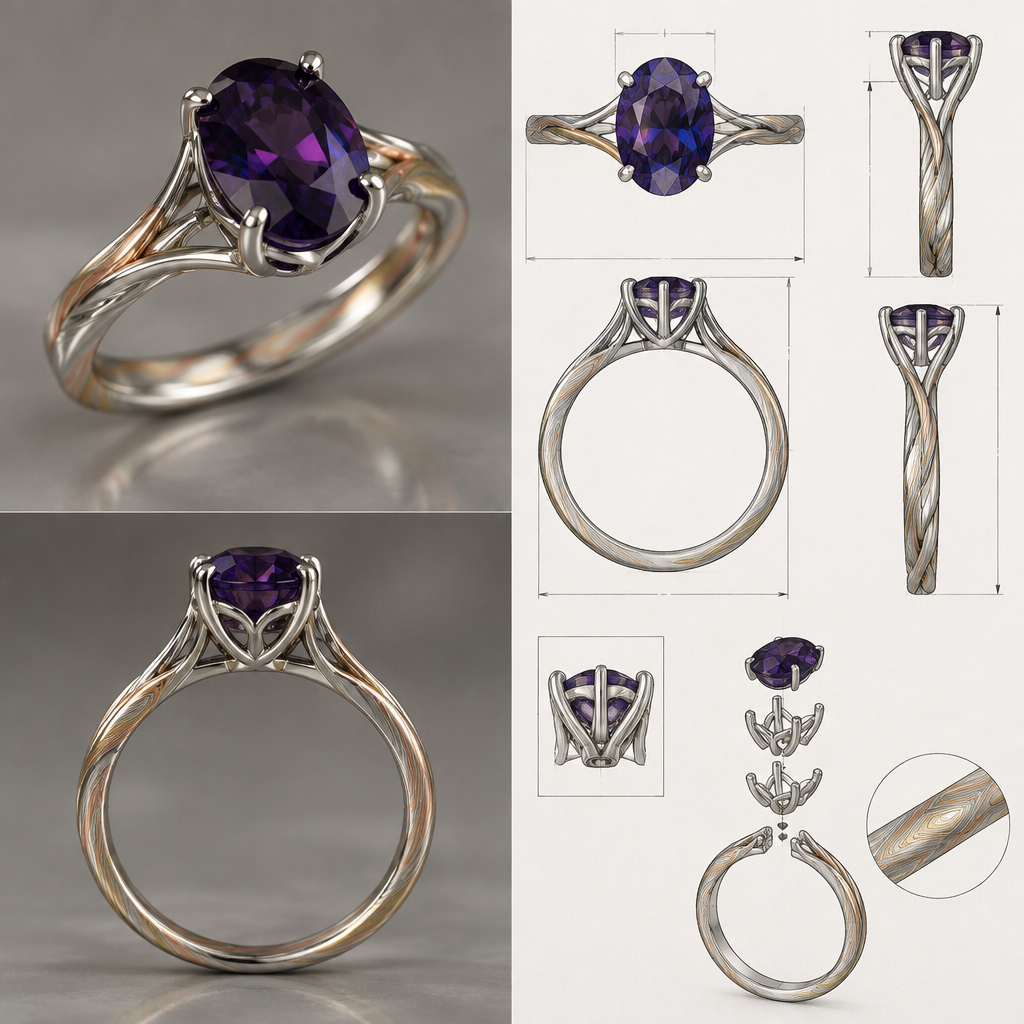 A nordic women's ring made of silver suitable for engagement, minimalist, simple and delicate, clean lines. i would like a ring with a deep dark purple/mauve almost not see thru with blueish reflection oval spinel mounted something feminin and also wicked and simplistic and durable also elegant and stylish the shank would be 3 colors silver gold and rose gold in a mokume gane style twist in the metal pattern with a cathedral bascket style mount for the gem
i would like to see a photo reealistic rendering of the piece and also a sketch with detailed measurment and assembling plan
photorealistic jewelry design, A nordic women's ring made of silver suitable for engagement, minimalist, simple and delicate, clean lines. i would like a ring with a deep dark purple/mauve almost not see thru with blueish reflection oval spinel mounted something feminin and also wicked and simplistic and durable also elegant and stylish the shank would be 3 colors silver gold and rose gold in a mokume gane style twist in the metal pattern with a cathedral bascket style mount for the gem
i would like to see a photo reealistic rendering of the piece and also a sketch with detailed measurment and assembling plan, nordic style, just the design no text