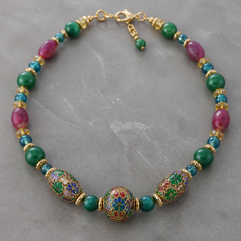 "Large cloisonne center bead 20mm round gold green red blue, two egg shapped cloisonne 25mm x 15 gold green red blue, round 15mm emerald green beads, carved rough cut ruby egg shapped 14mm x 10mm beads, blue apatite 8mm round beads, faceted rondel shapped citrine 8mm x 5mm, gold findings " necklace
photorealistic jewelry design, "Large cloisonne center bead 20mm round gold green red blue, two egg shapped cloisonne 25mm x 15 gold green red blue, round 15mm emerald green beads, carved rough cut ruby egg shapped 14mm x 10mm beads, blue apatite 8mm round beads, faceted rondel shapped citrine 8mm x 5mm, gold findings " necklace , modern style, just the design no text