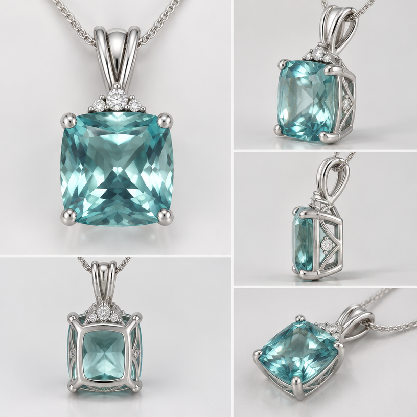 A women's pendant made of white gold. 2.8 ct open back pretty basket with slide bail a few diamond accents on basket
using the attached image as a visual reference, create A women's pendant made of white gold. 2.8 ct open back pretty basket with slide bail a few diamond accents on basket. photorealistic, just the design no text