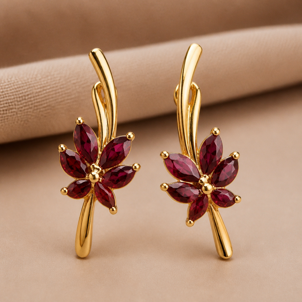 A women's earrings. make this to gold and place maroon colour stones in floral design
photorealistic jewelry design, A women's earrings. make this to gold and place maroon colour stones in floral design, modern style, just the design no text