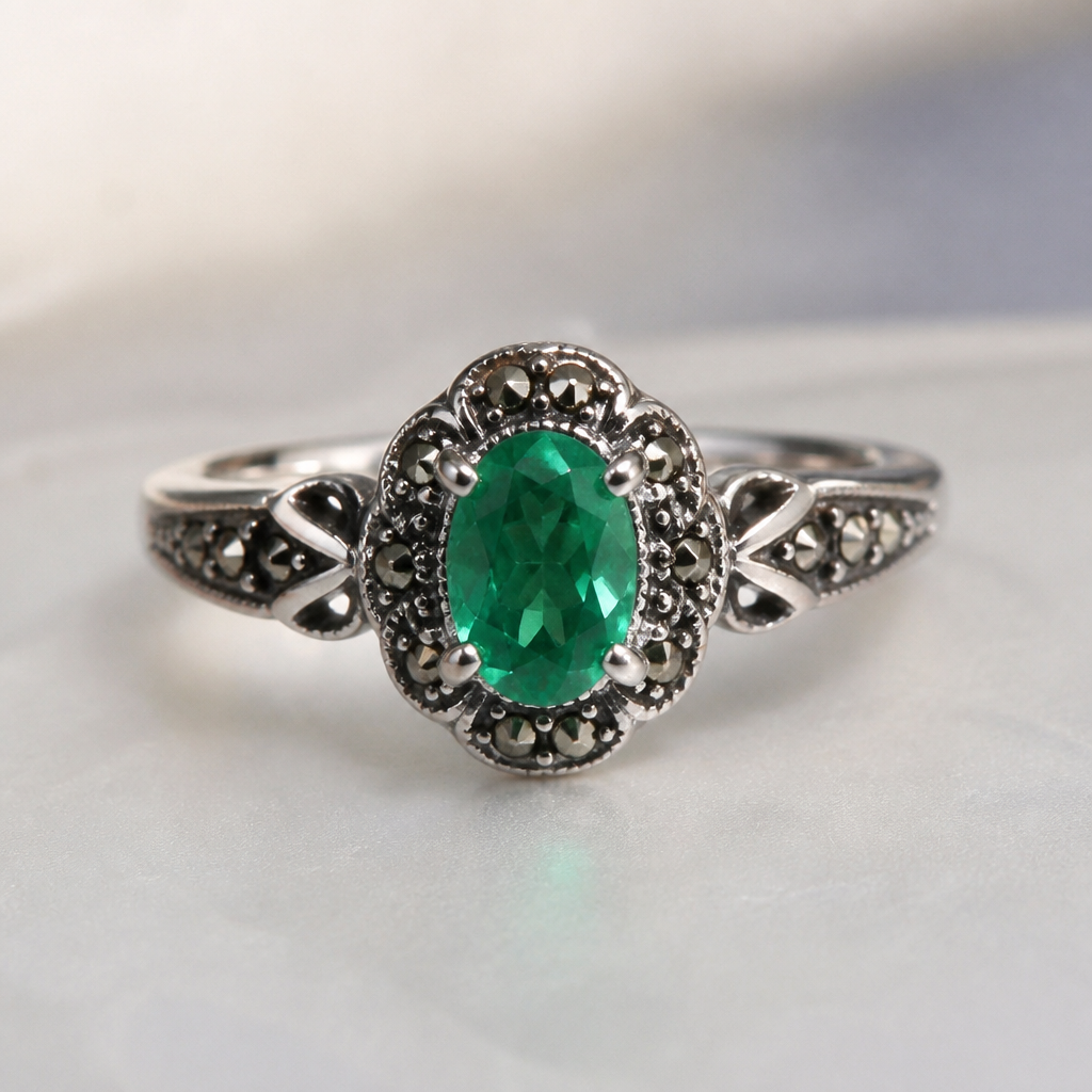 A vintage women's ring made of silver with emerald stones suitable for daily wear