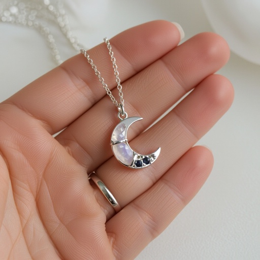 Луна полумесяцем с мелкими камушками и маленький в виде кристала лунный камень подвеска