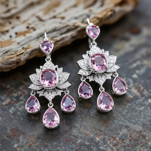 Светлое матовое золото. Серьги с лотосом на длинных цепочках. По центру лотоса камень необрабаботанного розового кварца, от лотоса идет цепочка с еще одним камнем кварца на конце. Серьги тонкие и легкие