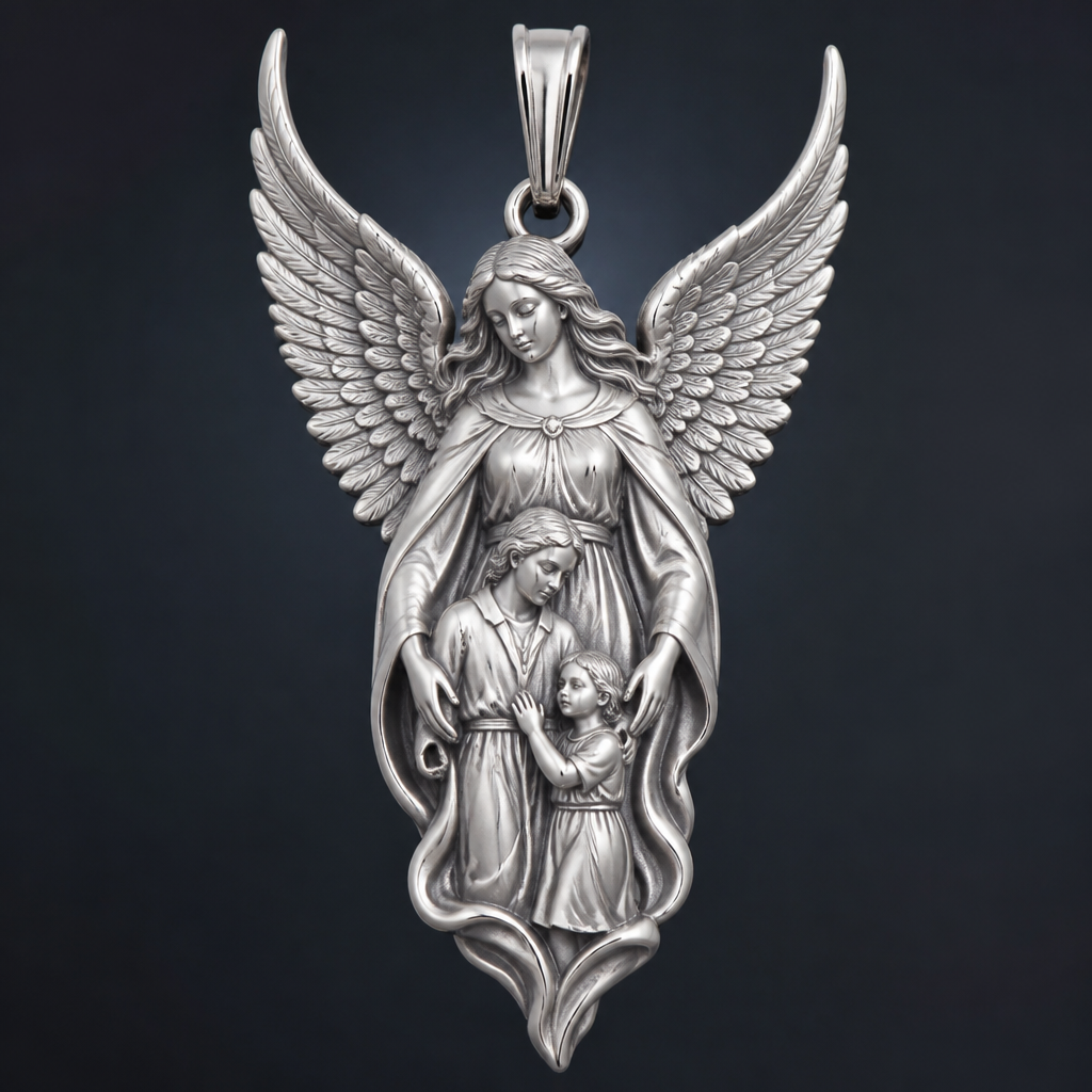 A modern women's pendant made of silver suitable for festival. An extraordinary excellent beautiful delicate and elegant pendant with the Guardian Angel with a beautiful delicate and elegant face, with long hair, with big wings flying, with a beautiful delicate elegant and with beautiful curves at her body, with a beautiful delicate and elegant tunic holding a child and an adult with its hands protecting them and guiding them on the way of the Holy Trinity.