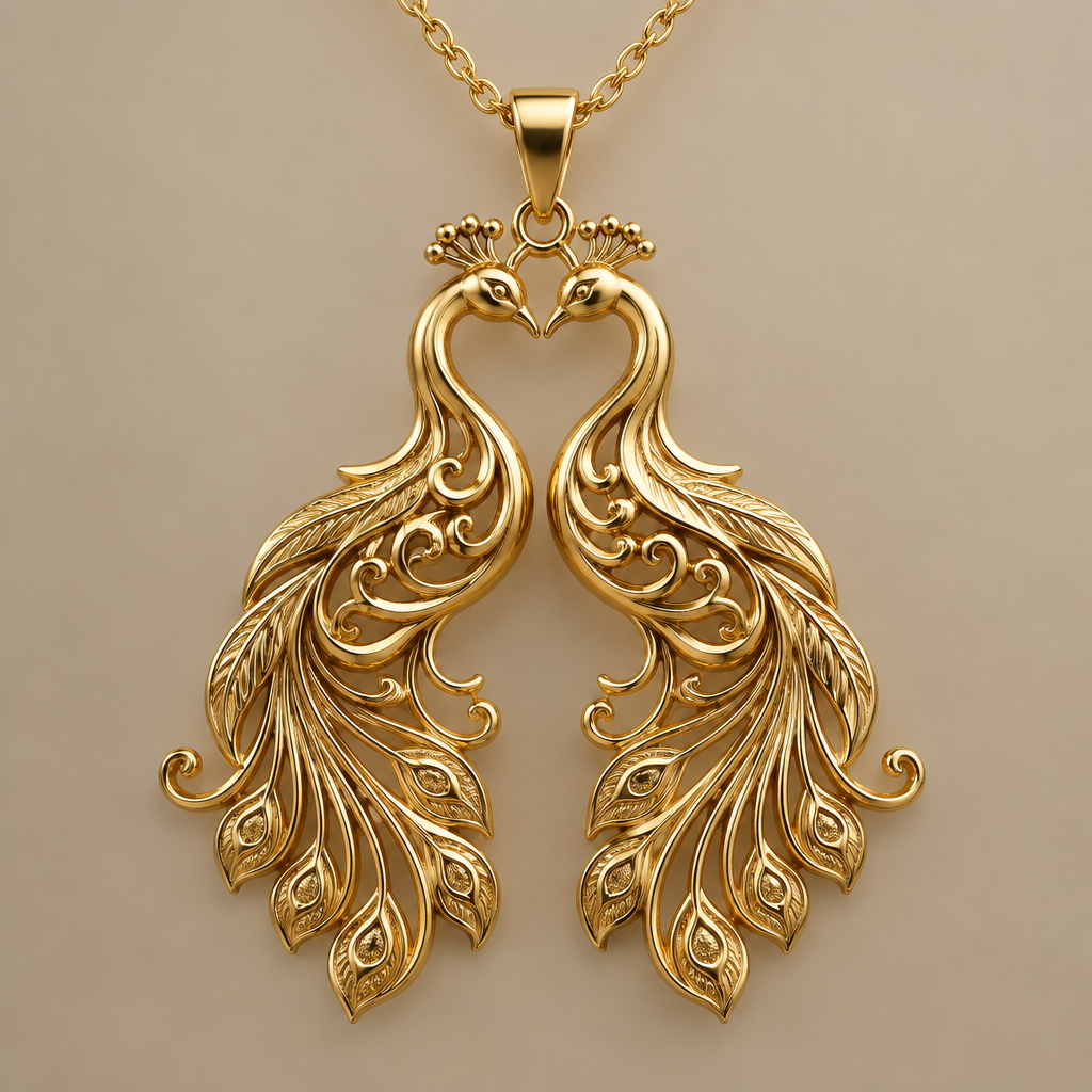 A women's ring, detailed and decorative, moderately ornate. gold pendant necklace, two peacocks facing each other with heads touching, necks curved smoothly and gracefully like an S-shape, Persian Nastaliq calligraphy forming the neck flowing into elegant tail feathers below, feathers separated into distinct clean flowing strands (not tangled), symmetrical mirror design, polished 3D gold relief with visible depth and dimension, elegant jewelry pendant
photorealistic jewelry design, A women's ring, detailed and decorative, moderately ornate. gold pendant necklace, two peacocks facing each other with heads touching, necks curved smoothly and gracefully like an S-shape, Persian Nastaliq calligraphy forming the neck flowing into elegant tail feathers below, feathers separated into distinct clean flowing strands (not tangled), symmetrical mirror design, polished 3D gold relief with visible depth and dimension, elegant jewelry pendant, modern style, just the design no text