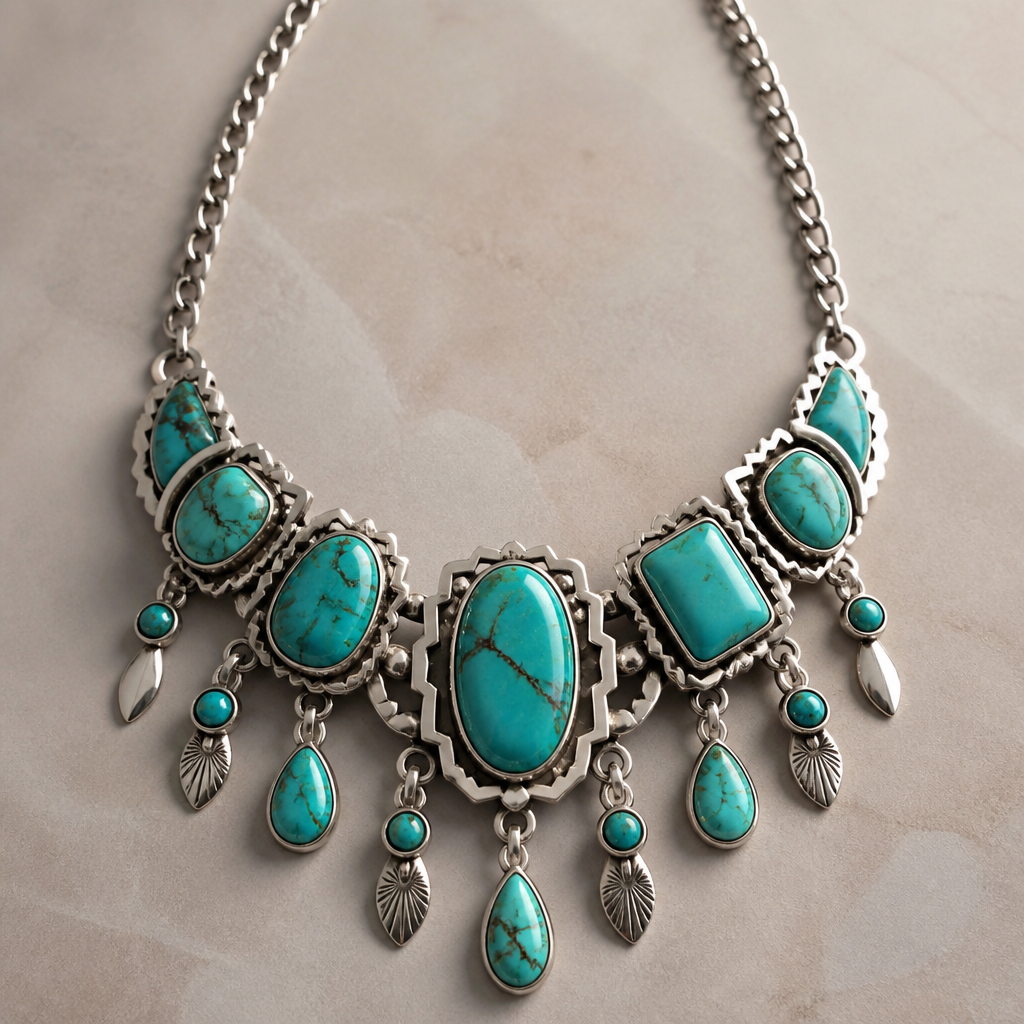 A modern women's necklace made of silver with turquoise stones suitable for festival
photorealistic jewelry design, A modern women's necklace made of silver with turquoise stones suitable for festival, modern style, just the design no text