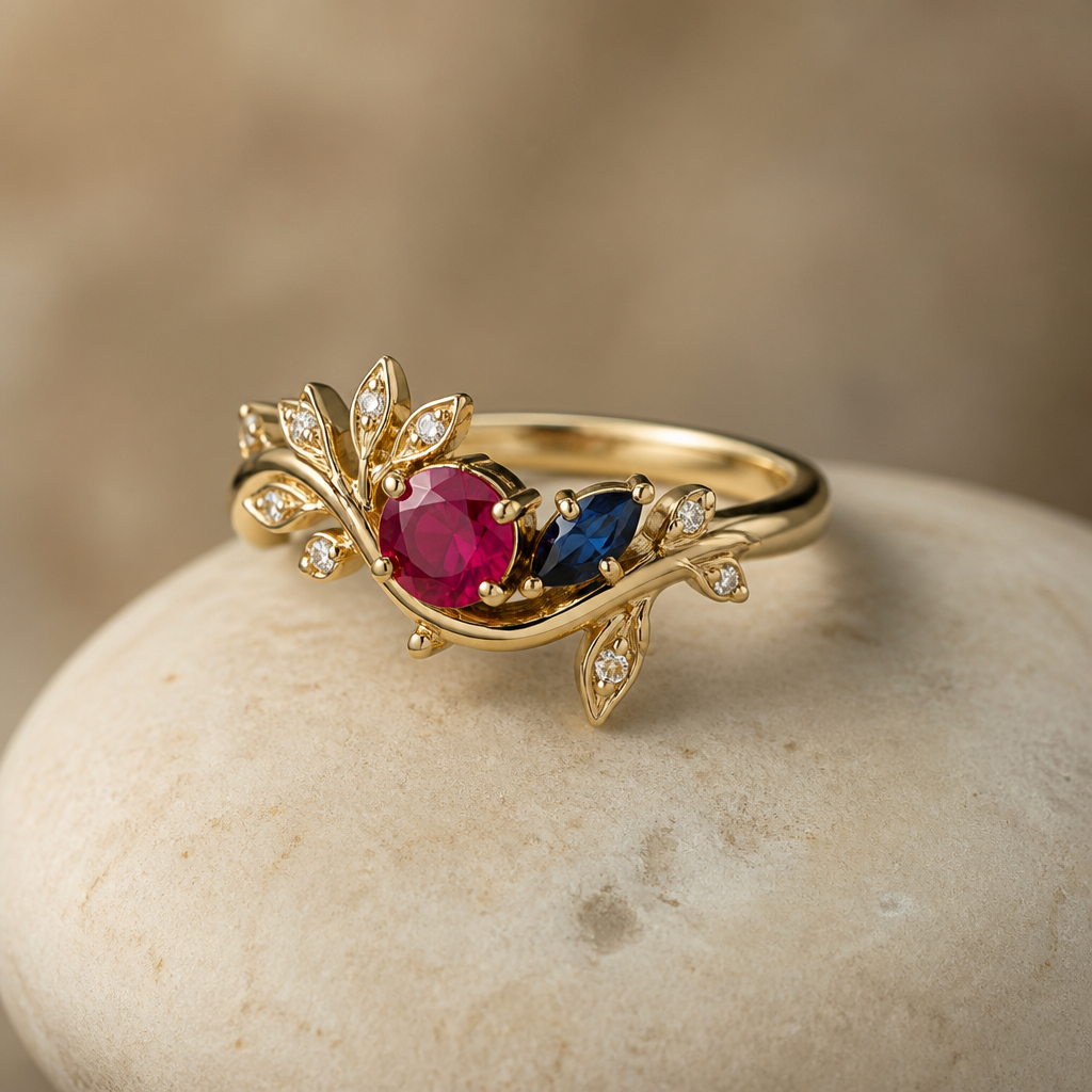 A nature-inspired women's ring with ruby and sapphire stones suitable for wedding
photorealistic jewelry design, A nature-inspired women's ring with ruby and sapphire stones suitable for wedding, nature_inspired style, just the design no text