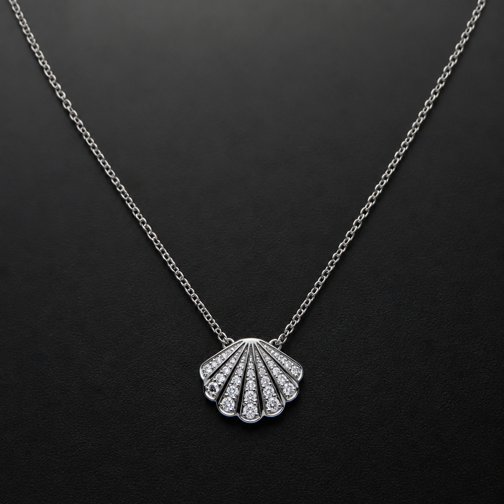 A women's necklace made of silver with diamond stones. coquillage coquille st-jacque metal fin et delicat
photorealistic jewelry design, A women's necklace made of silver with diamond stones. coquillage coquille st-jacque metal fin et delicat, modern style, just the design no text