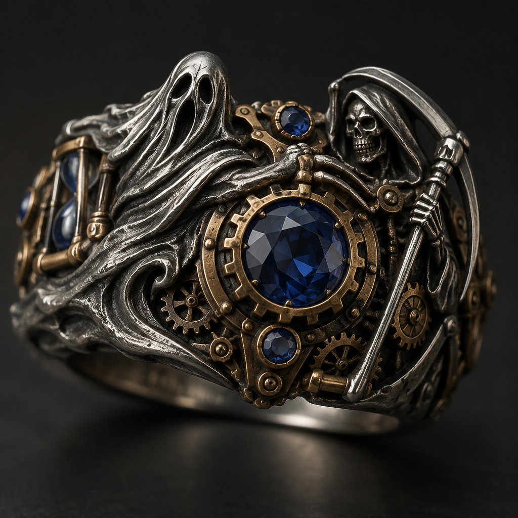 A steampunk men's ring made of mixed metal with sapphire stones suitable for formal. a ghost and a reaper
photorealistic jewelry design, A steampunk men's ring made of mixed metal with sapphire stones suitable for formal. a ghost and a reaper, steampunk style, just the design no text