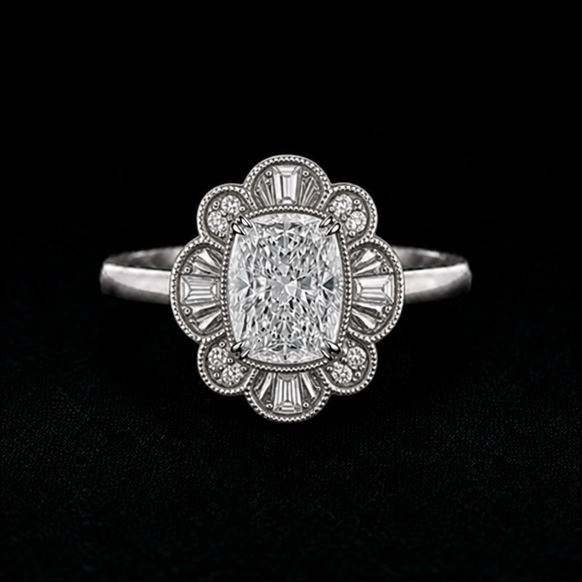 Change halo to look like petals with a vintage feel
edit the attached jewelry design with these instructions: Change halo to look like petals with a vintage feel. keep it photorealistic, just the design no text