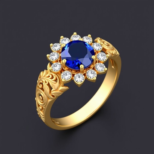 Create a highly detailed 3D render of a women’s ring called ‘Royal Blue Blossom’. The ring is made of 18K yellow gold. In the center, place a round-cut sapphire, about 6mm in diameter, deep royal blue. Surround the sapphire with a halo of small white diamonds arranged like delicate flower petals with natural spacing for a 3D floral effect. The band should have intricate Persian floral and leaf engravings, with fine, symmetrical lines. The surface of the band is slightly textured to catch light and highlight the engravings. Inner band smooth and comfortable for daily wear. Stones should be securely set with prongs or bezels. Emphasize elegance, sophistication, and a luxurious royal style. Use soft, diffused lighting, warm gold tone, bright white diamonds, and deep blue sapphire. Show both top and angled side views to highlight details.