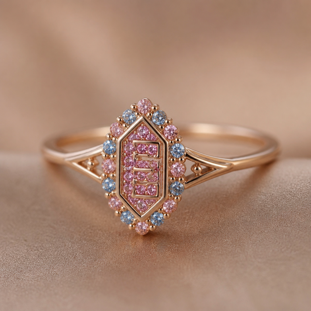 A tribal women's ring, minimalist, simple and delicate, clean lines. anel de 15 anos com inicial E com pedras rosa dentro com azul e rosa em volta
photorealistic jewelry design, A tribal women's ring, minimalist, simple and delicate, clean lines. anel de 15 anos com inicial E com pedras rosa dentro com azul e rosa em volta, tribal style, just the design no text
