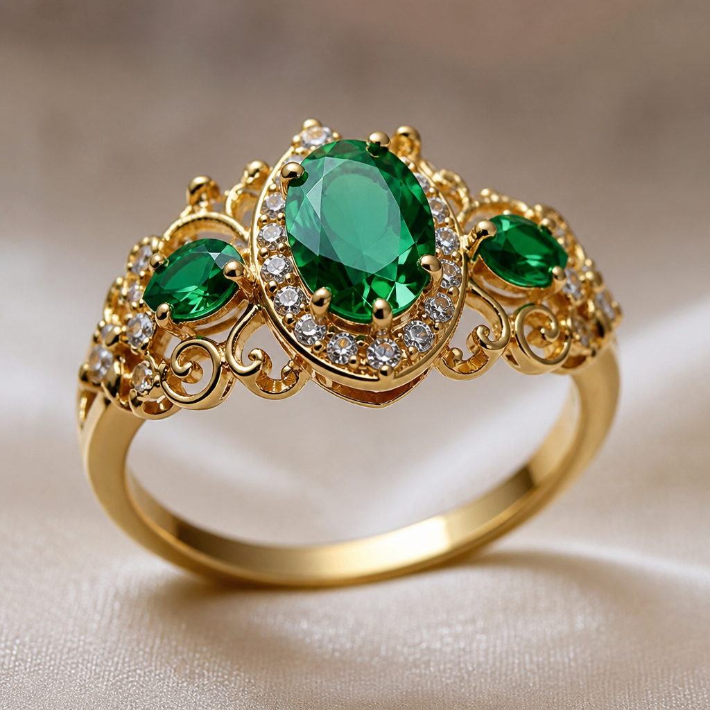 A classic women's ring made of gold with emerald stones suitable for party, detailed and decorative, moderately ornate. Korea old ring