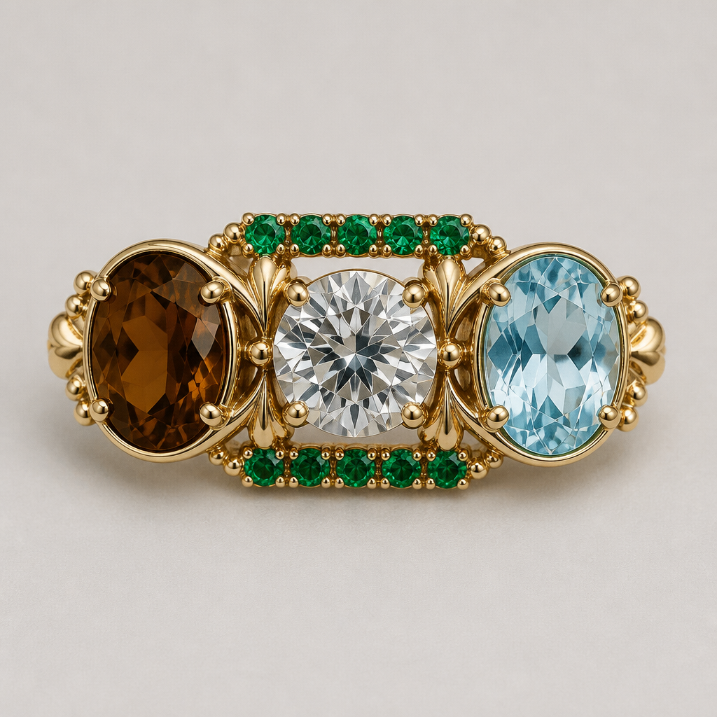 . Refinement: put diamond in center, brown topaz on left, blue aquamarine on right, line of small emeralds in line on top and bottome
photorealistic jewelry design, . Refinement: put diamond in center, brown topaz on left, blue aquamarine on right, line of small emeralds in line on top and bottome, just the design no text