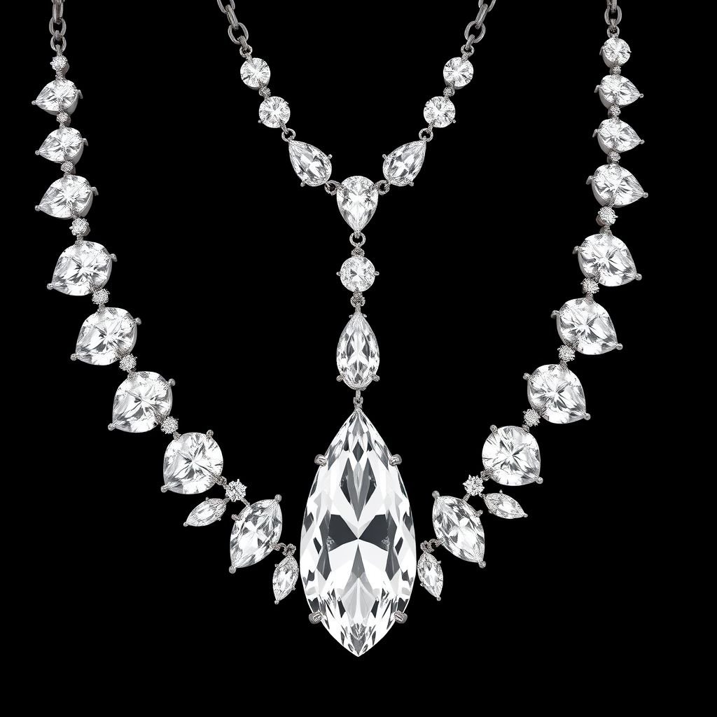 Design an exquisite high-end diamond necklace featuring a harmonious arrangement of brilliant-cut, marquise, and pear-shaped diamonds. The centerpiece should include a cascading teardrop-shaped diamond pendant surrounded by intricate floral and vine-inspired settings. The necklace should have a symmetrical, regal form, with a platinum or white gold base, encrusted with pavé diamonds. Ensure the design reflects luxury, elegance, and timeless craftsmanship, suitable for a royal gala or red carpet event.