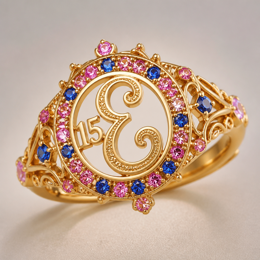 A contemporary women's ring made of gold, highly ornate, intricate and elaborate, richly detailed. um anel de 15 anos com inicial E com pedrinhas azul e pedrinhas rosa em volta
photorealistic jewelry design, A contemporary women's ring made of gold, highly ornate, intricate and elaborate, richly detailed. um anel de 15 anos com inicial E com pedrinhas azul e pedrinhas rosa em volta, contemporary style, just the design no text