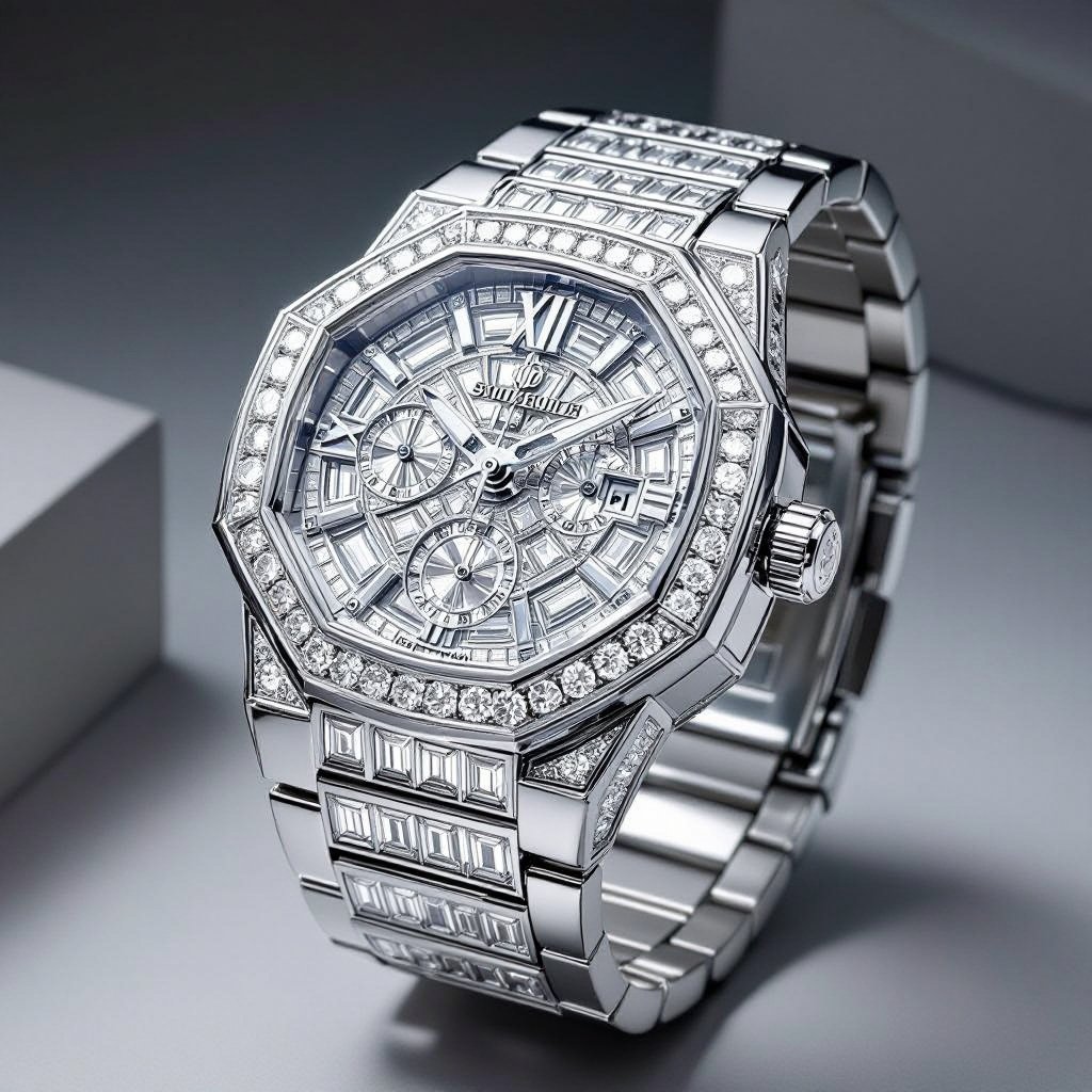 Create a watch of geomatric  shapes and architectural structures and bold edge style of white diamond without any logo or name statement 