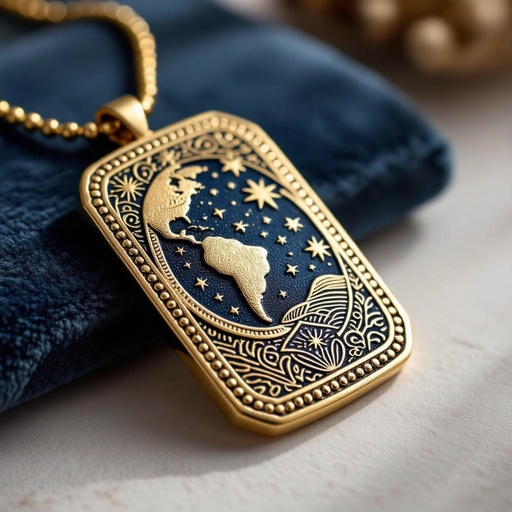 Золотой матовый медальон в форме неровного прямоугольника с округлыми краями. По краям выпуклые точки сплошной линией. На прямоугольнике разные мелкие узоры вырезаны. Символически изображена земля и звезды