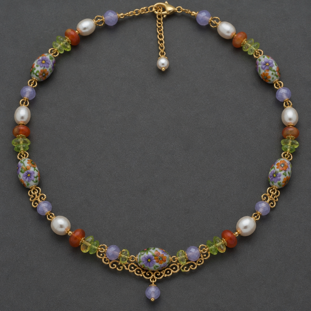 Lamp work beads with orange white purple flowers with green vines 14mm x 8mm, lavender faceted opaque crystals 7.5mm rounds, potato shaped white freshwater pearls 9mm, peridot chips 7.5mm, orange carnelian rondels 9.5mm x 5mm necklace
photorealistic jewelry design, Lamp work beads with orange white purple flowers with green vines 14mm x 8mm, lavender faceted opaque crystals 7.5mm rounds, potato shaped white freshwater pearls 9mm, peridot chips 7.5mm, orange carnelian rondels 9.5mm x 5mm necklace , filigree style, just the design no text