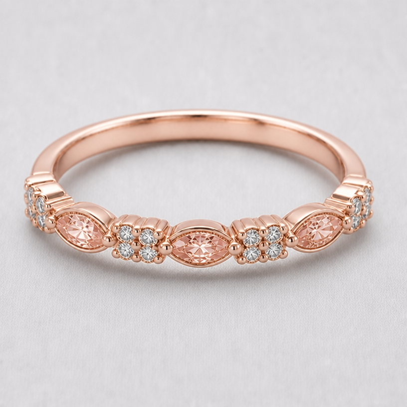 replace marquis stones with Morganite and add rose gold element
edit the attached jewelry design with these instructions: replace marquis stones with Morganite and add rose gold element. keep it photorealistic, just the design no text