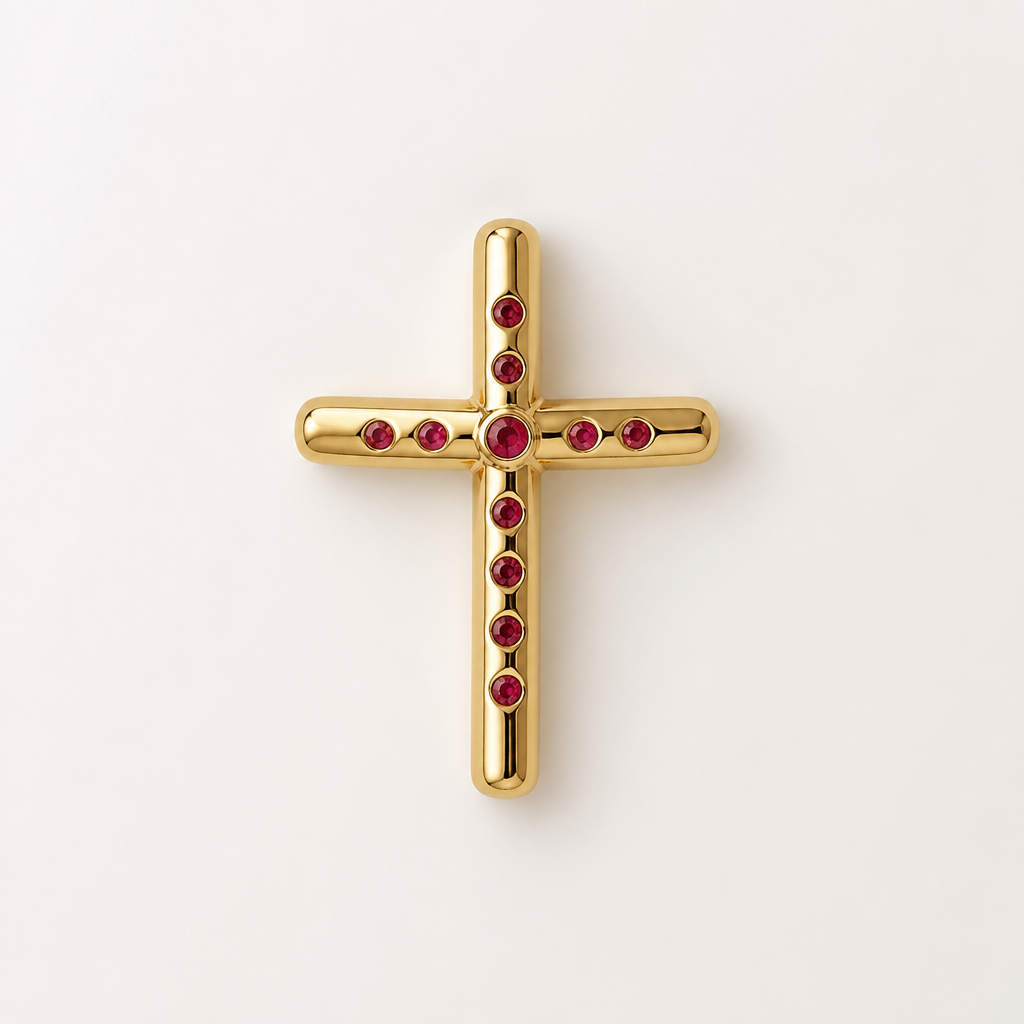 Dainty and feminine Gold cross with rubies, majority gold . Hidden bail
photorealistic jewelry design, Dainty and feminine Gold cross with rubies, majority gold . Hidden bail, contemporary style, just the design no text