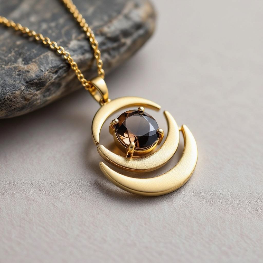 Подвеска из трех полумесяцев с узорами и камнями раухтопаза из матового неровного светлого золота с узорами соединенных цепочкой сверху самый широкий полукруг дальше средний и снизу самый маленький