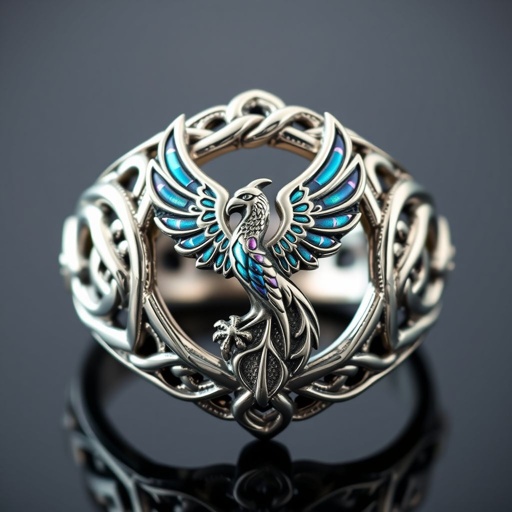 A platinum segnit ring with a Celtic phoenix symbol on it for men