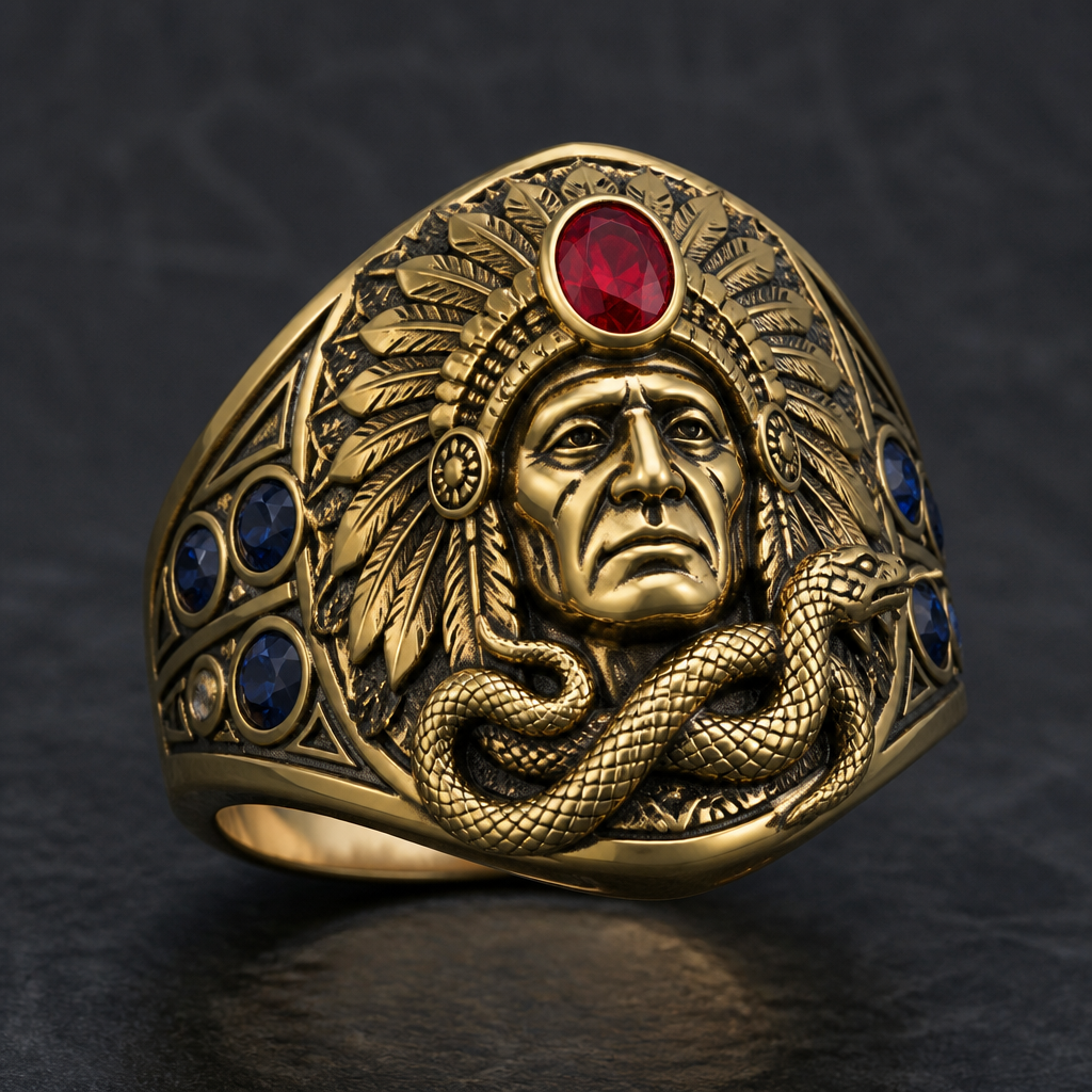 A charm men's ring with sapphire stones suitable for daily wear. A amerindian with a red gem stone and golden snake
photorealistic jewelry design, A charm men's ring with sapphire stones suitable for daily wear. A amerindian with a red gem stone and golden snake, charm style, just the design no text
