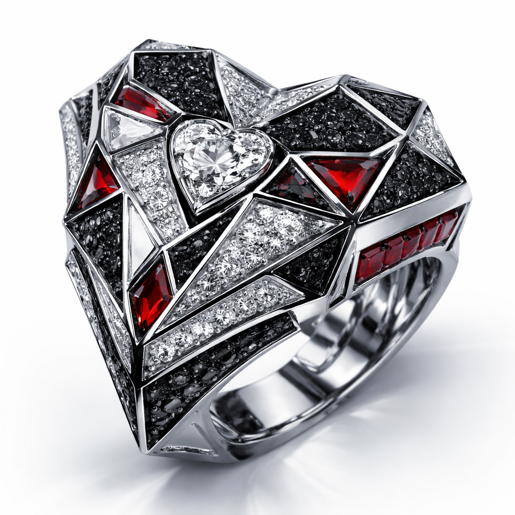 Geomatric ring of egdes and architecture shapes and bold of diamonds black and white and red of white background of edgy style and elements shape heart