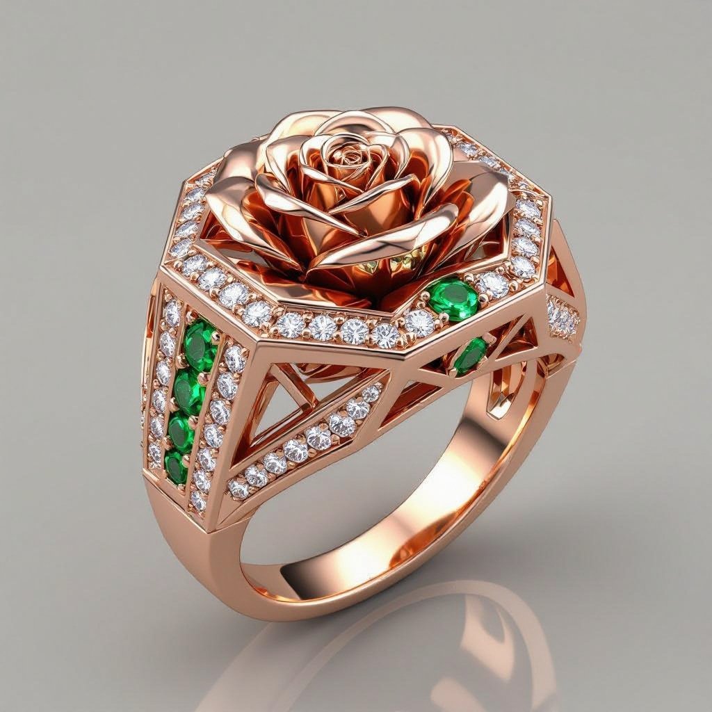 Creat a Ring Geomatricw lion of architecture shape and edge of diamonds and emerlad of rose gold 