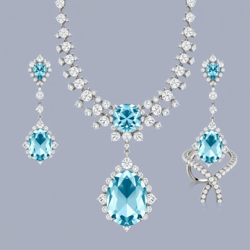 A aquamarine gemstone rose cut and diamond gemstones trillion, 30, with VVS and M carat necklace, earrings, ring, and bracelet